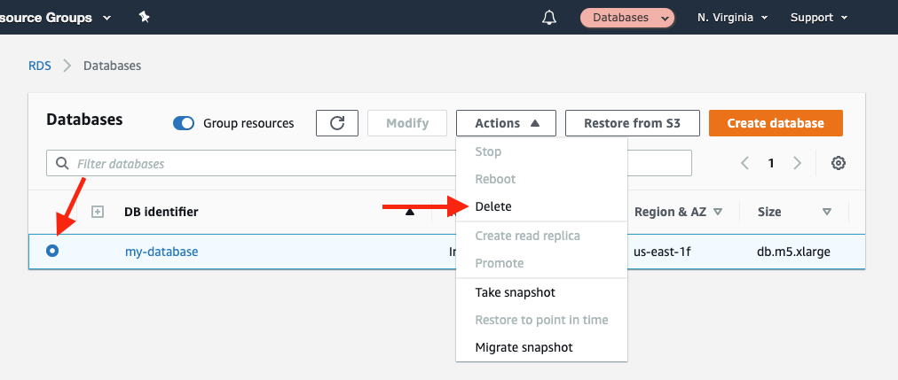 Choose your database instance, and then choose "Delete" from the "Actions" dropdown