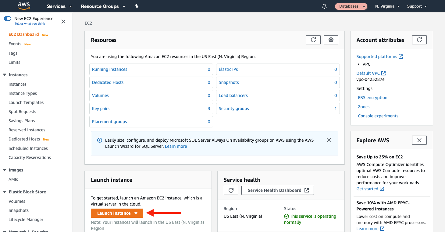 Choose "Launch instance" to start the Amazon EC2 instance creation wizard