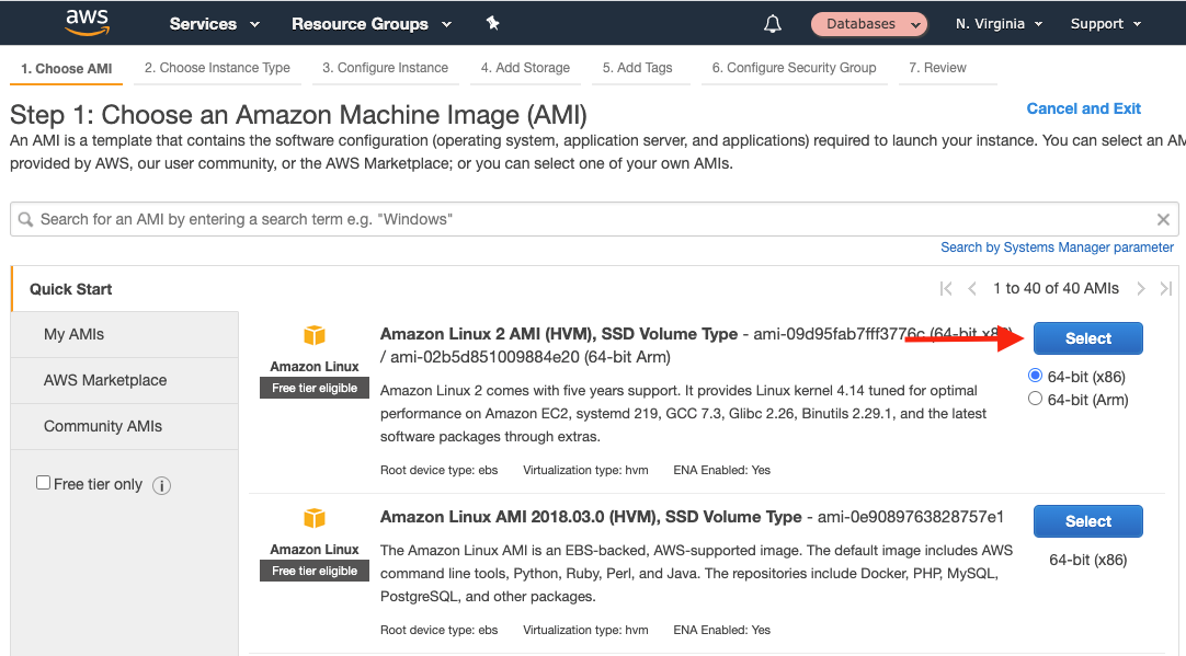 Use the Amazon Linux 2 AMI with the default x86 architecture and choose "Select"