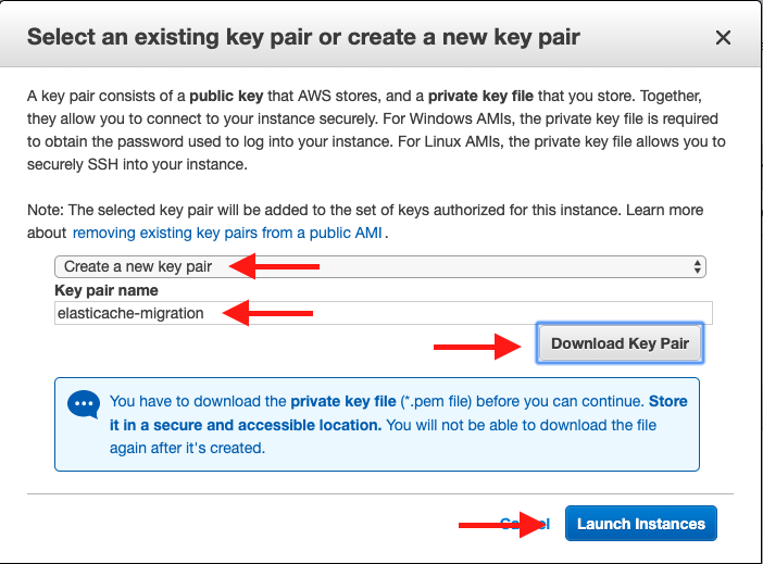 Choose a key pair to allow SSH access to your new Amazon EC2 instance