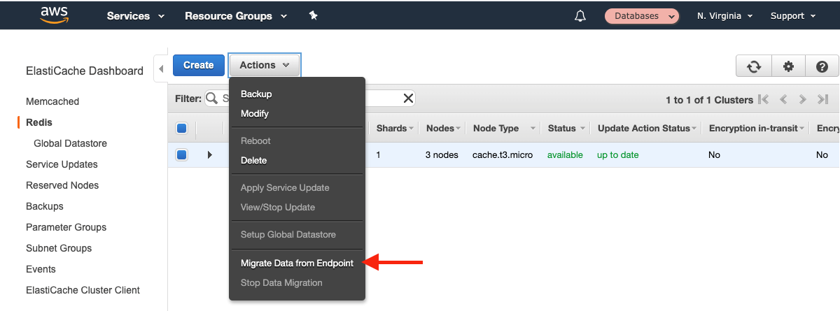 Choose your ElastiCache cluster, and then choose "Migrate Data from Endpoint"