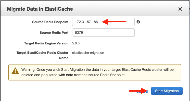 Enter the private IP address of your Amazon EC2 instance as the "Source Redis Endpoint"