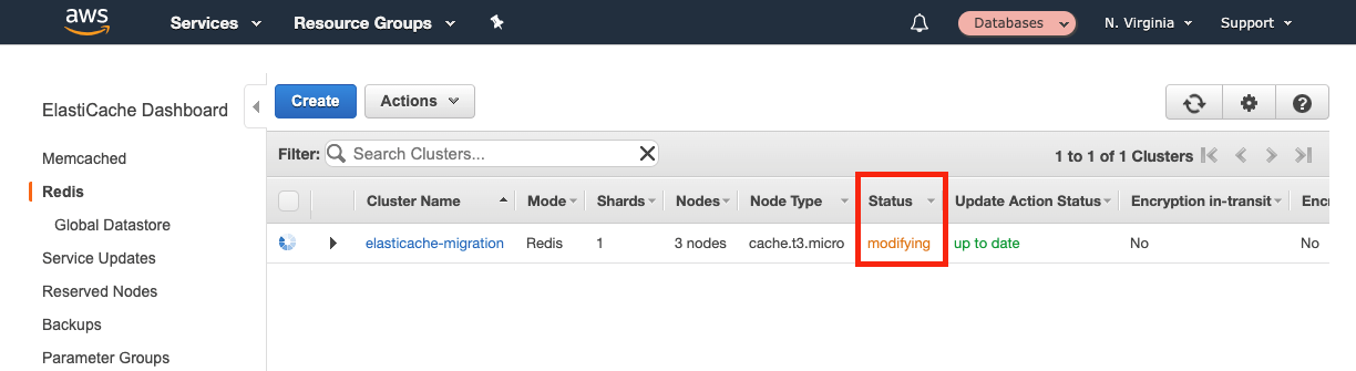 Your Redis cluster shows a "Status" of "modifying" to indicate it is being added to your existing cluster