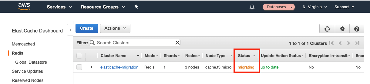 After your ElastiCache cluster has successfully connected to your existing Redis instance, you should see a "Status" of "migrating"