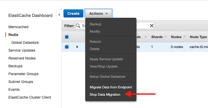 Choose your ElastiCache cluster in the console, and then choose "Stop Data Migration"