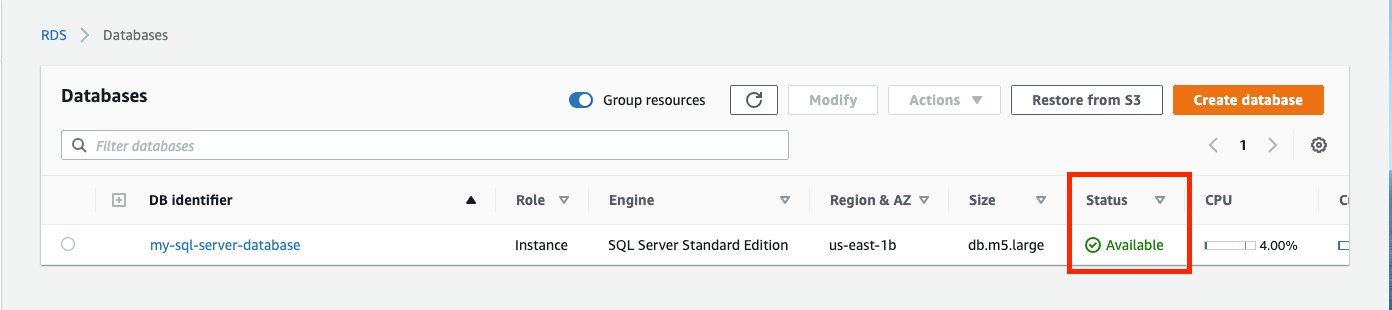 When your database is ready to use, its "Status" is "Available"