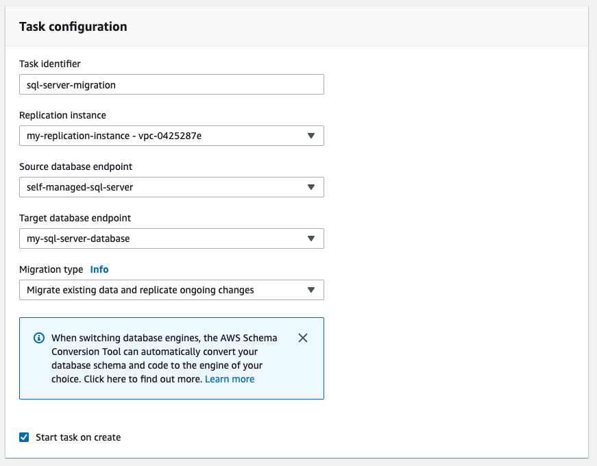 In the "Task configuration" section, set up the parameters of your replication task