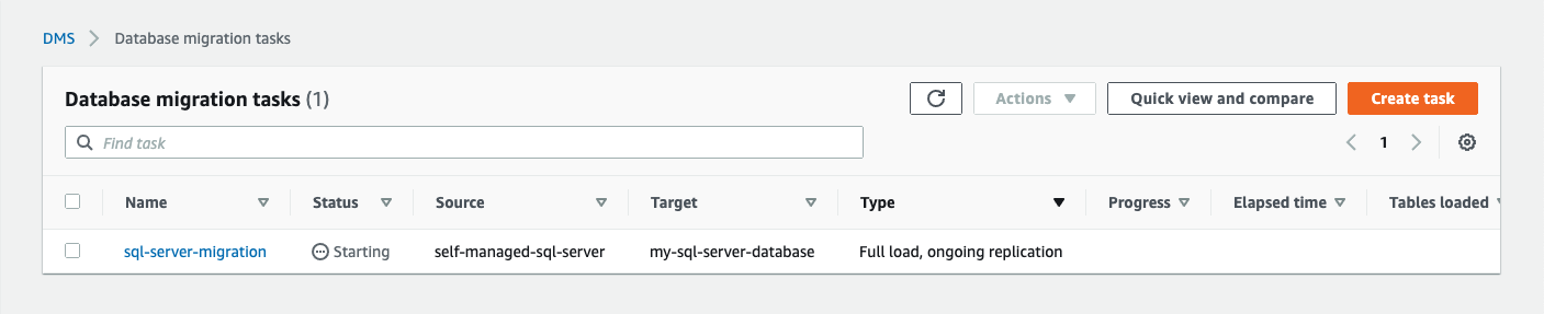 After the task is initialized, its "Status" is "Starting"