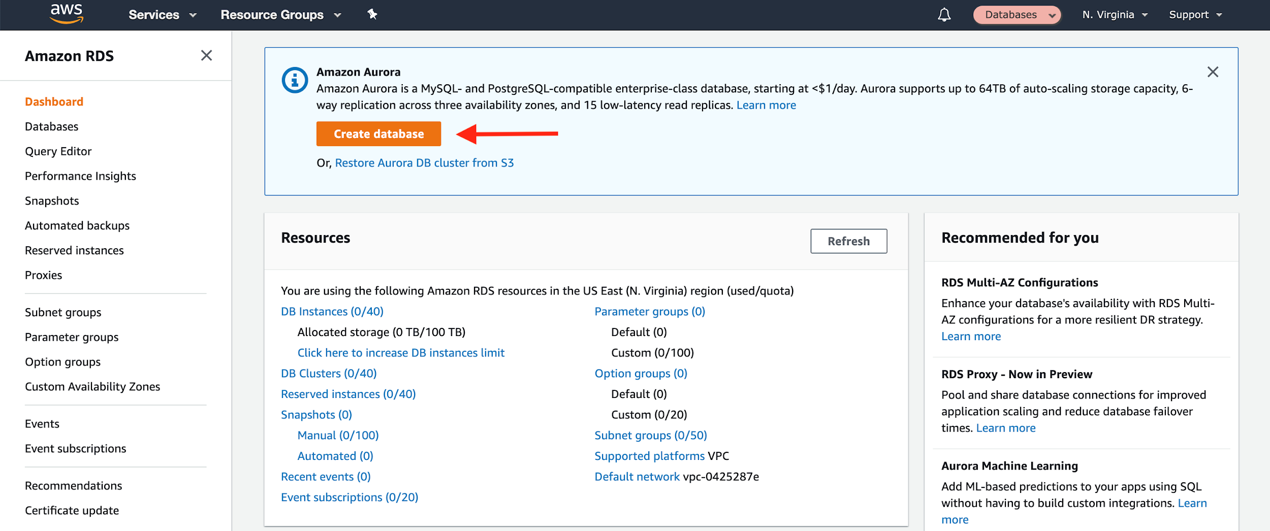 Choose "Create database" 