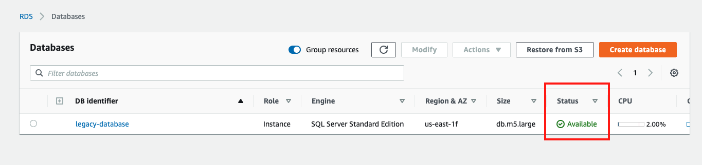 When your database is ready to use, its "Status" is "Available"