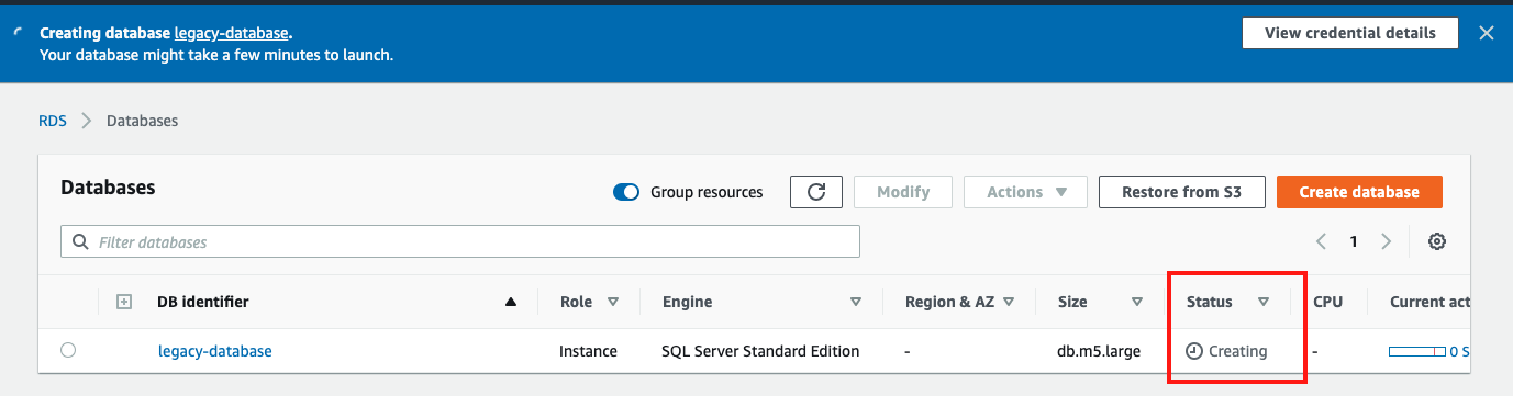As Amazon RDS is provisioning your infrastructure and initializing your database, the "Status" of your database is "Creating"