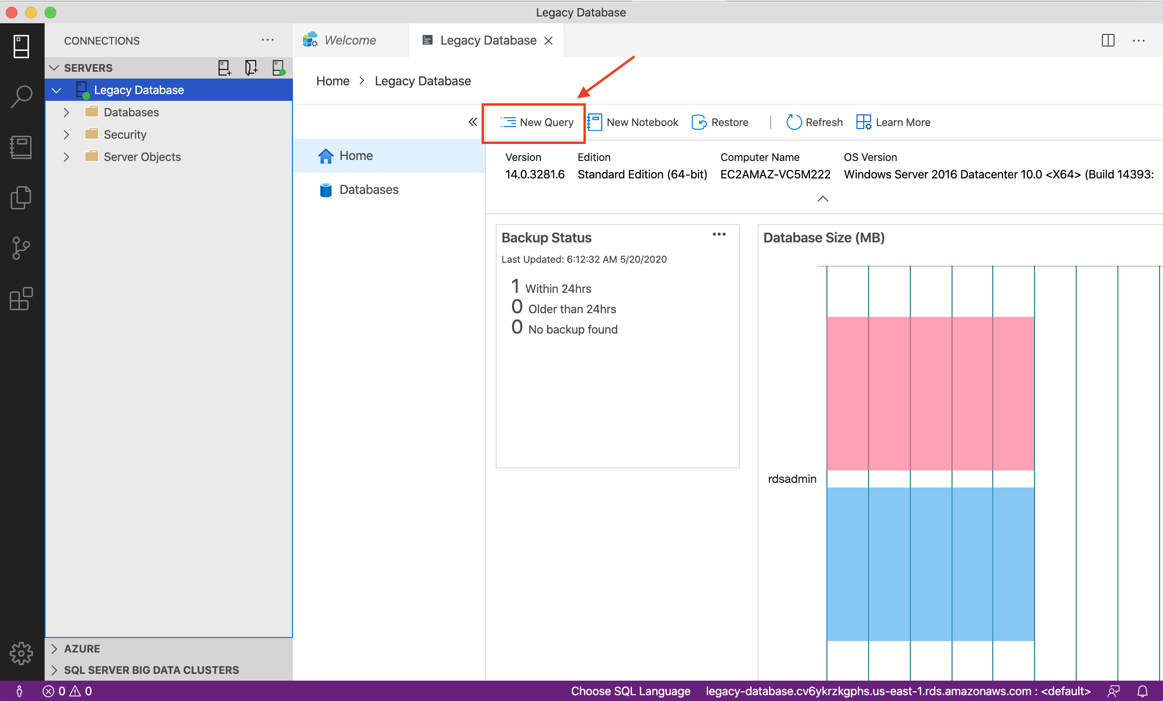 Choose "New Query" to execute a query in your database