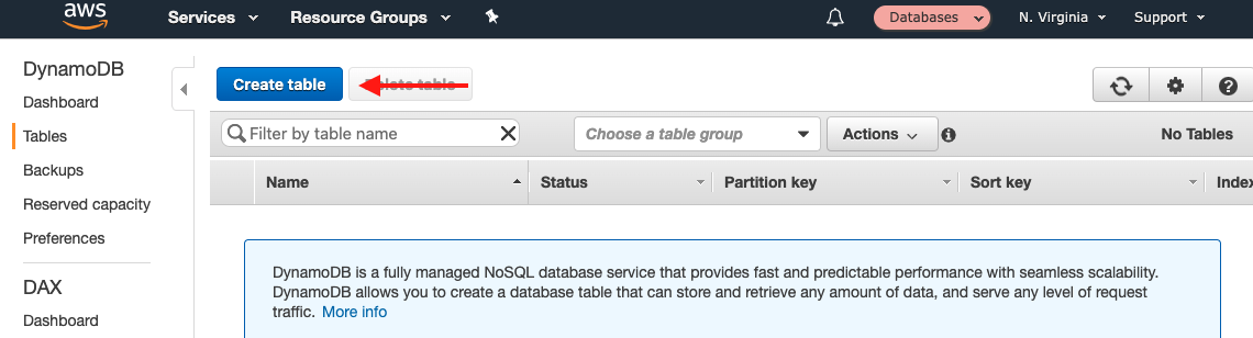 Choose "Create table" to create a new table