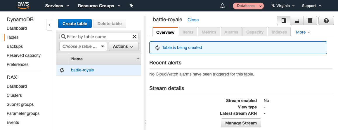 The "Overview" tab indicates that the table creation is in progress