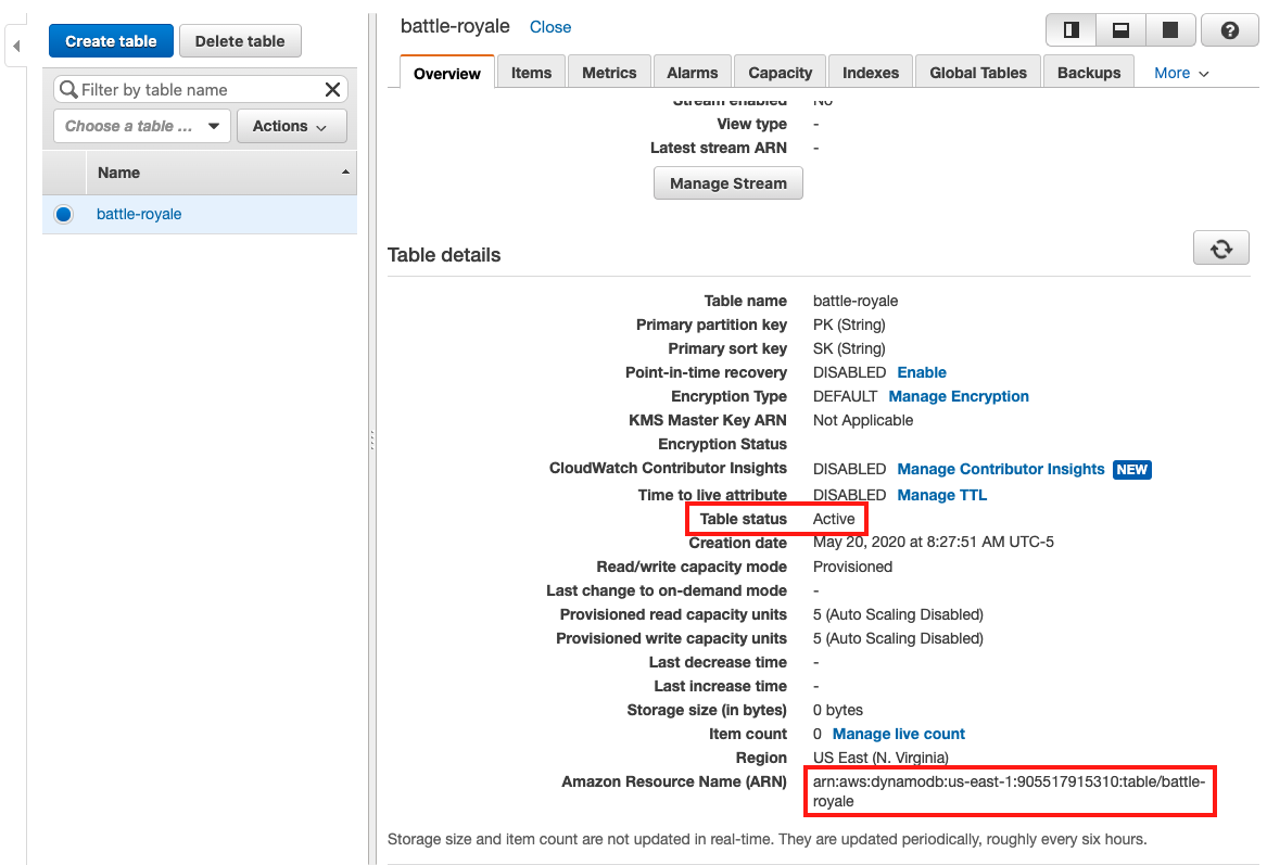 The DynamoDB console shows the details of your table with a "Table status" of "Active"