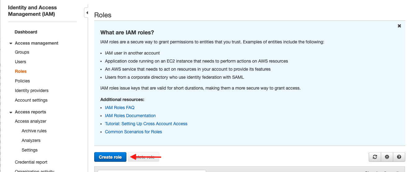 Choose "Create role" to start the IAM role-creation wizard