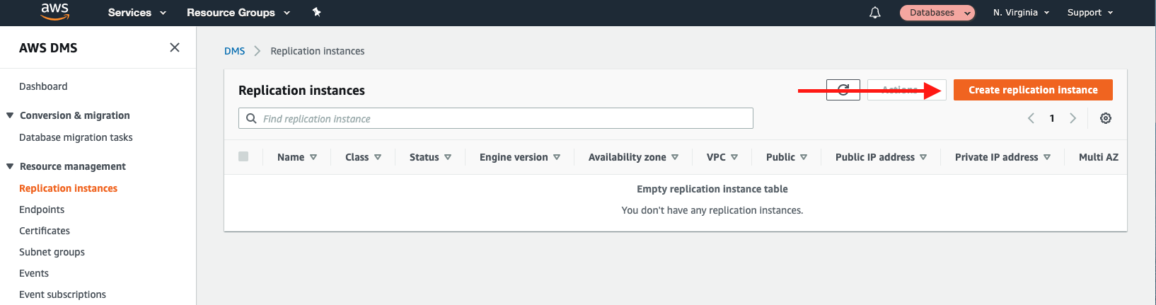 Choose "Create replication instance" to begin the replication instance-creation wizard