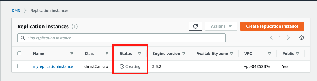 The instance&rsquo;s "Status" is "Creating" while AWS provisions and initializes your instance