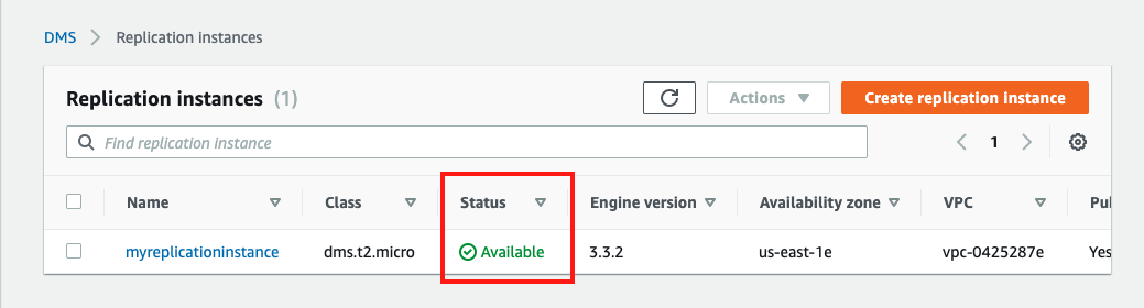 When your replication instance is ready to go, its "Status" is "Available"