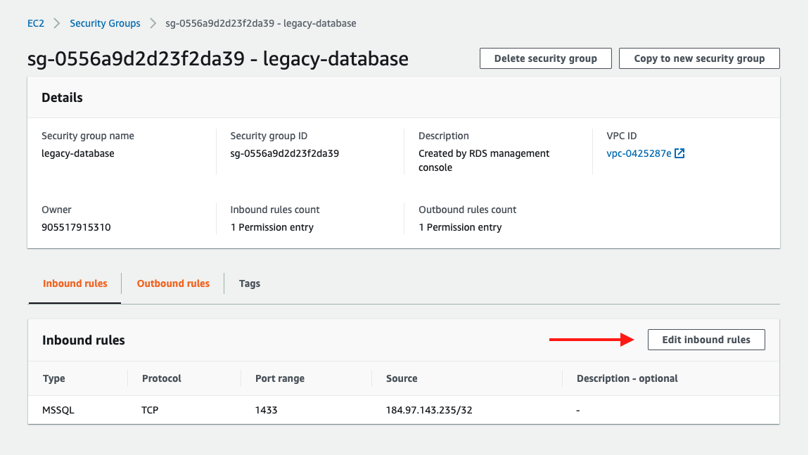 Choose to "Edit inbound rules" for your security group