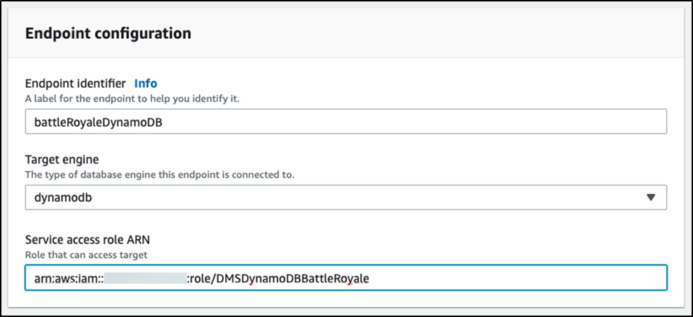 Give your endpoint a name, and choose "dynamodb" for the "Target engine"