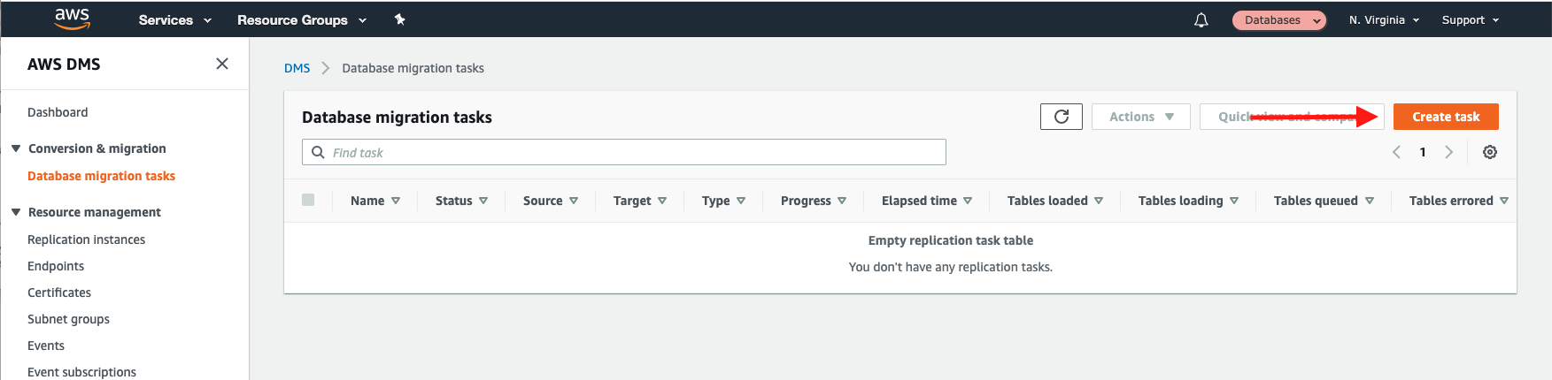 Choose "Create task" to create a new replication task