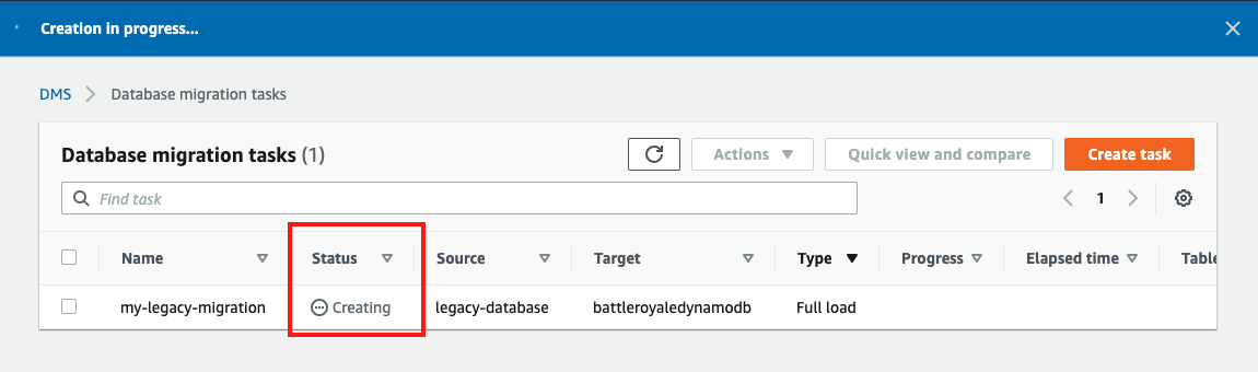 After you create your task, your task is shown in the "Database migration tasks" section with a "Status" of "Creating"