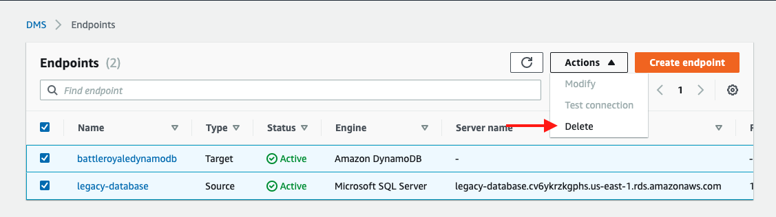 Choose both your source endpoint and your target endpoint, and then choose "Delete"