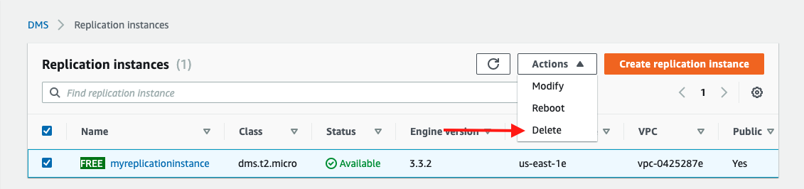 If your replication instance is not being used for any other replication tasks, choose it and then choose "Delete"