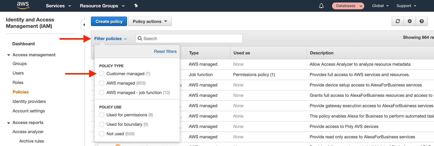 On the "Policies" page of the IAM console, choose the "Filter policies" filter and then choose "Customer managed"