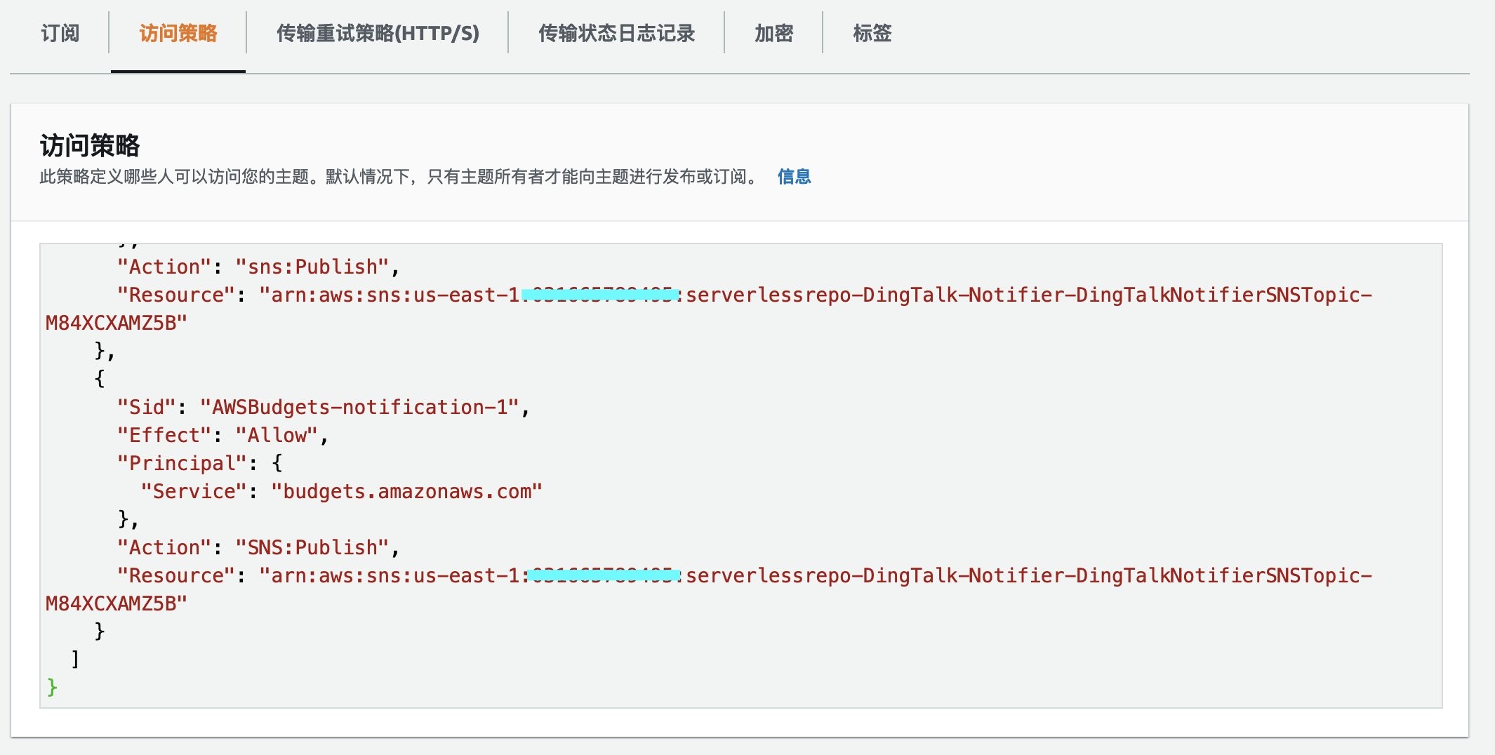 在 SNS 的访问策略中添加以上片段，并将 <insert-ARN-here> 替换成 SNS 自身的 ARN。