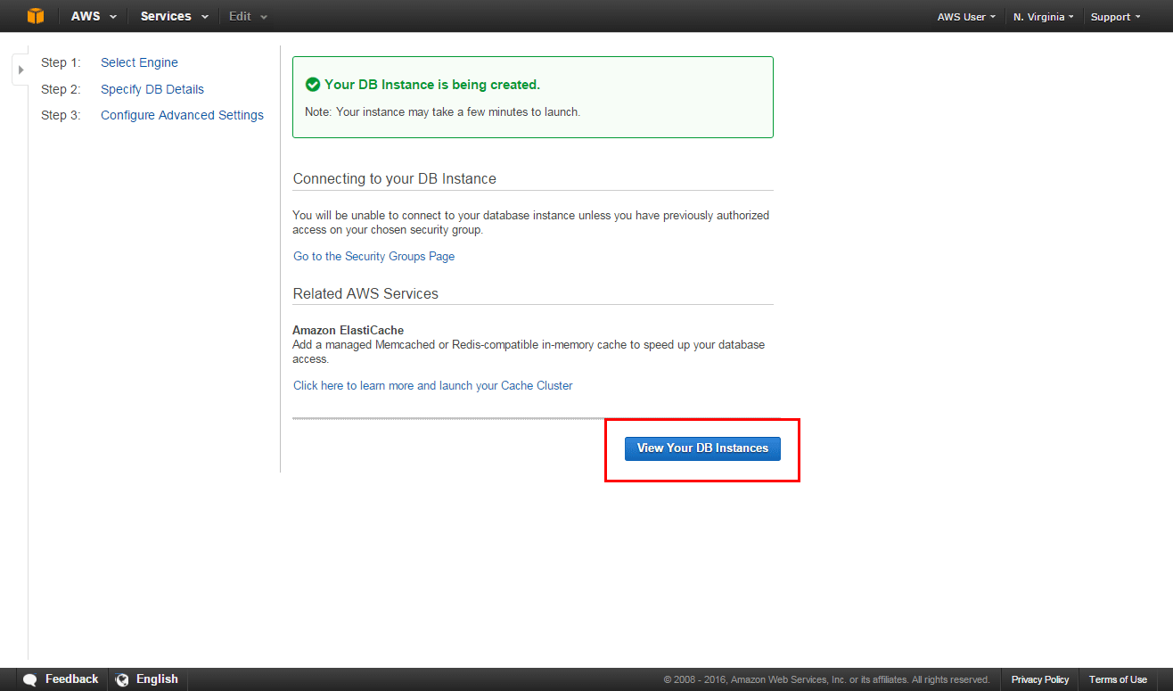 이제 DB 인스턴스가 생성됩니다. DB 인스턴스 보기 클릭