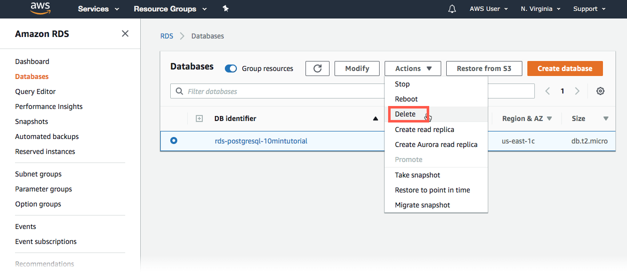 작업에서 삭제 선택