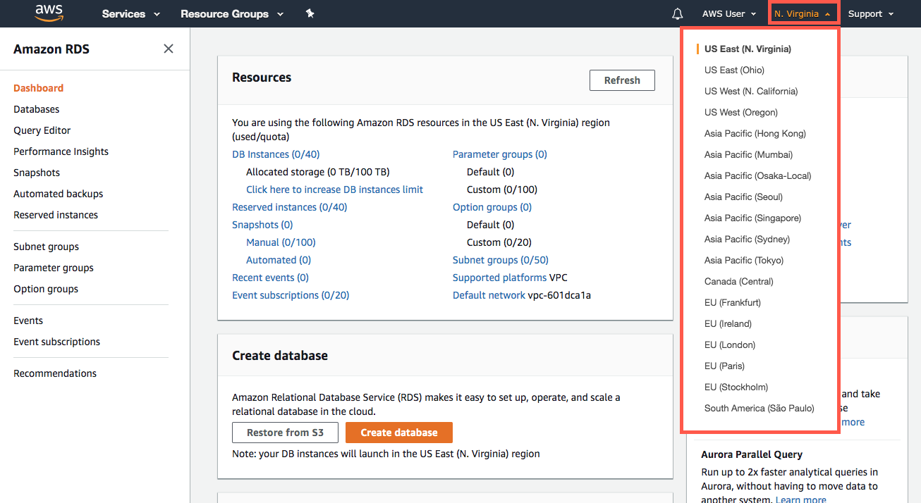 Amazon RDS 콘솔의 오른쪽 위 모서리에서 DB 인스턴스를 생성할 리전을 선택합니다.