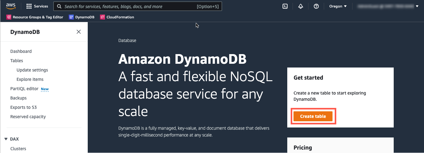 In the DynamoDB console, choose Create table