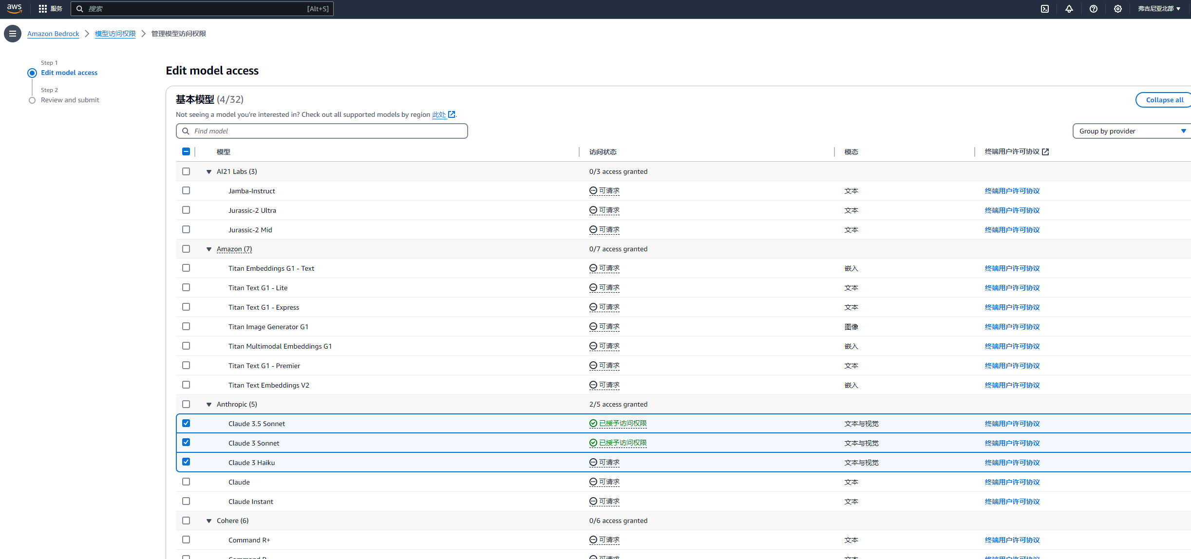 编辑模型访问权限 